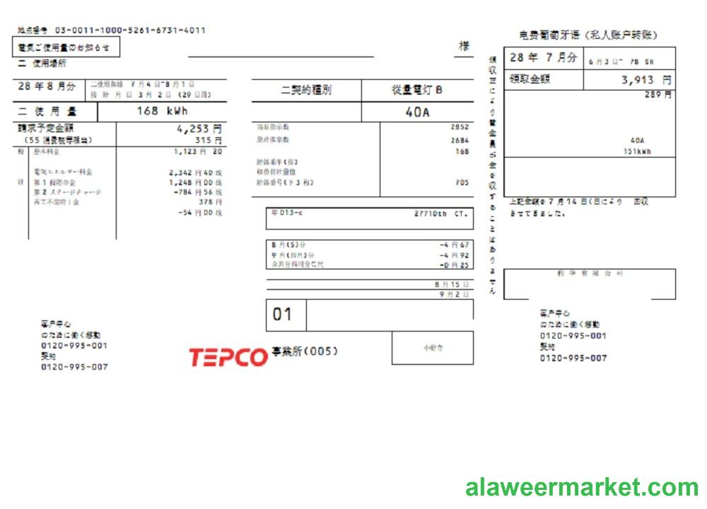 Japan Tokyo Electric Power Company (TEPCO) electricity utility bill template in Word and PDF format ( )